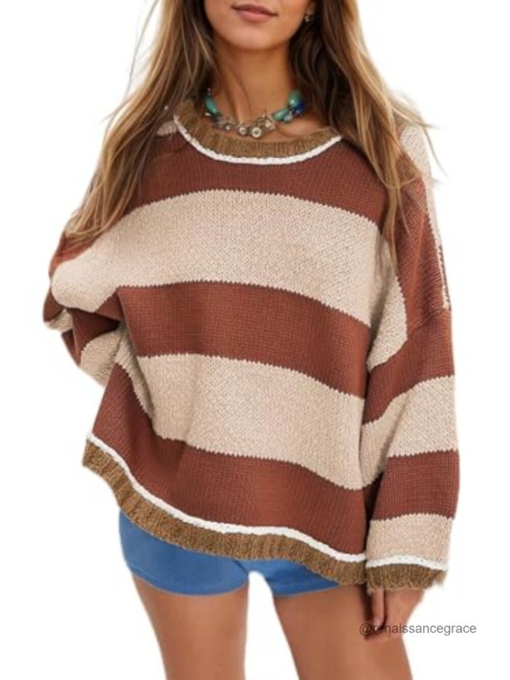 Oversized Chunky Knit Striped Sweater Long Sleeve Pullover Cotton Blend Fall